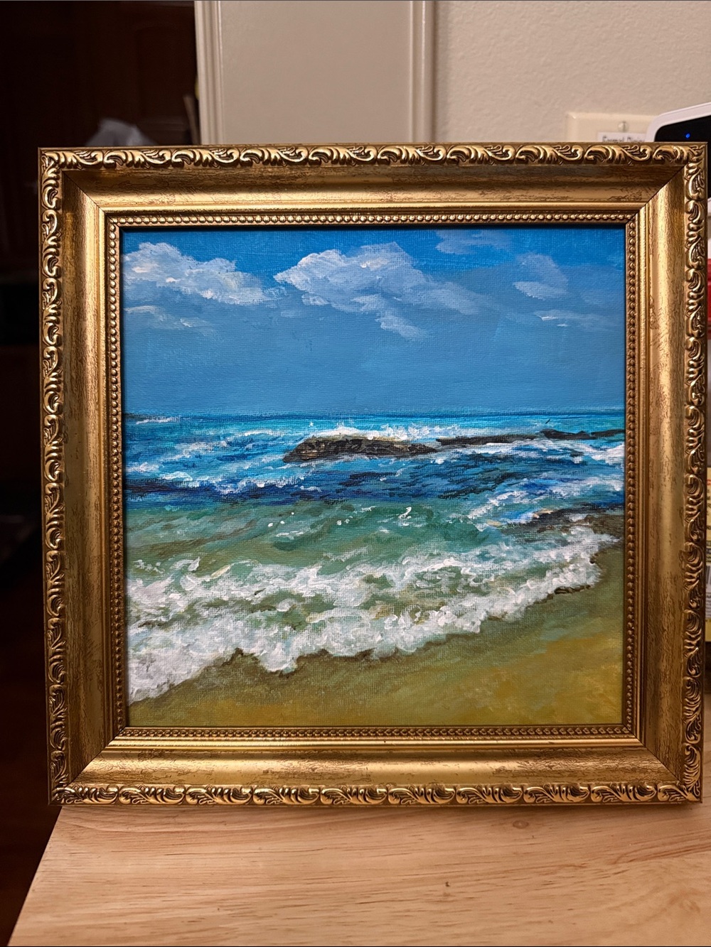 Seaside Waves Canvas Painting in Blue and Green, 8”x8”